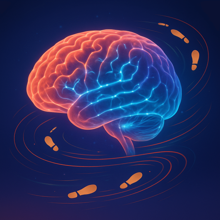 A digital illustration of a glowing human brain in motion with abstract pathways and dance-like motion trails, symbolizing subconscious control and rhythm.