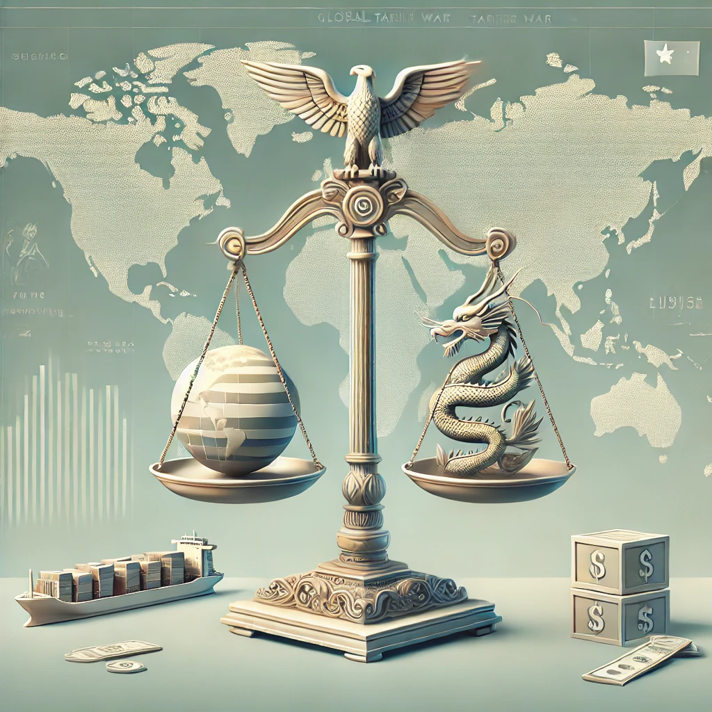 Global Tariff Wars: Impact on Indian Consumers **Alt Text:** An artistic illustration symbolizing *Global Tariff Wars: Impact on Indian Consumers*, featuring a balance scale with a globe and dragon, representing trade tensions, set against a world map with economic icons and shipping elements.
