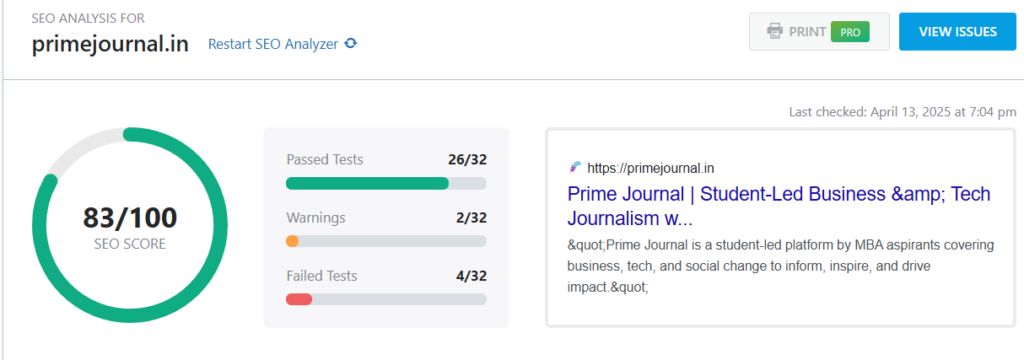 SEO score of PrimeJournal.in built using WordPress SEO score of PrimeJournal.in built using WordPress