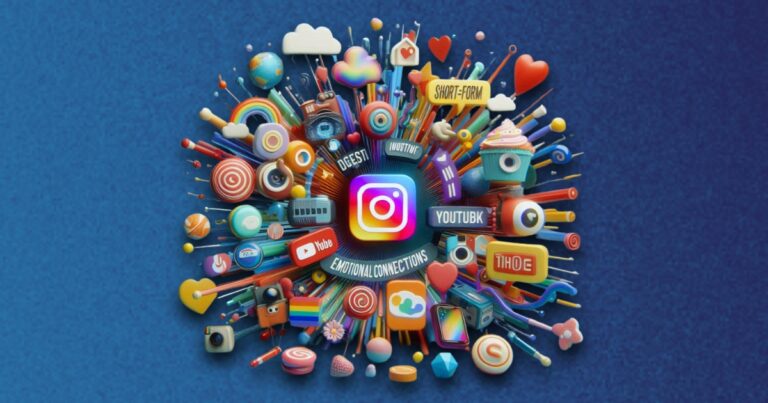 "Colorful 3D illustration showcasing the rise of short form content in new marketing strategies, featuring Instagram, YouTube, and emotional connections through vibrant icons like hearts, rainbows, cupcakes, and mobile devices — symbolizing the evolution of digital engagement in 'Rise of Short Form Marketing".