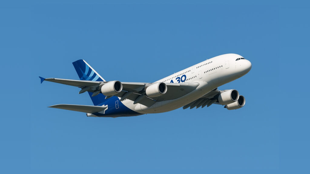 "The Power of 4: A Flight Through Indian Aviation "The Power of 4: A Flight Through Indian Aviation. The image features an Airbus A380 soaring through a bright blue sky, showcasing its signature four-engine design. The aircraft's sleek fuselage is primarily white with elegant blue accents, while the tail displays a blue motif. The text 'A380' is visible on the side of the plane, emphasizing its identity. This image symbolizes cutting-edge engineering and celebrates the evolution of Indian aviation." Let me know if you'd like me to tweak anything further!