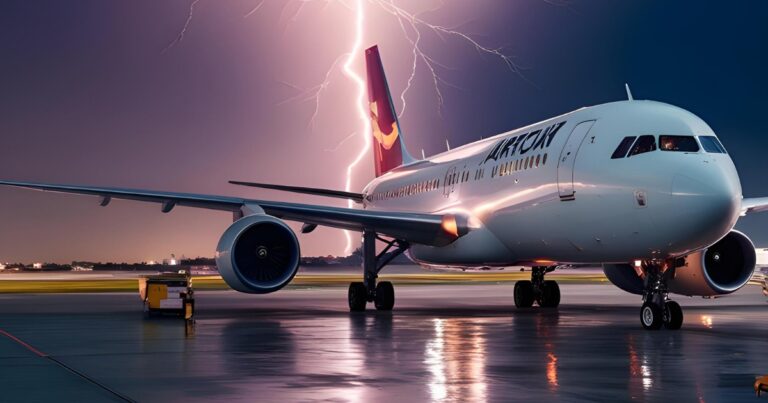 A passenger aircraft on the runway during a thunderstorm, symbolizing turbulence in The Power of 4 A Flight Through Indian Aviation.
