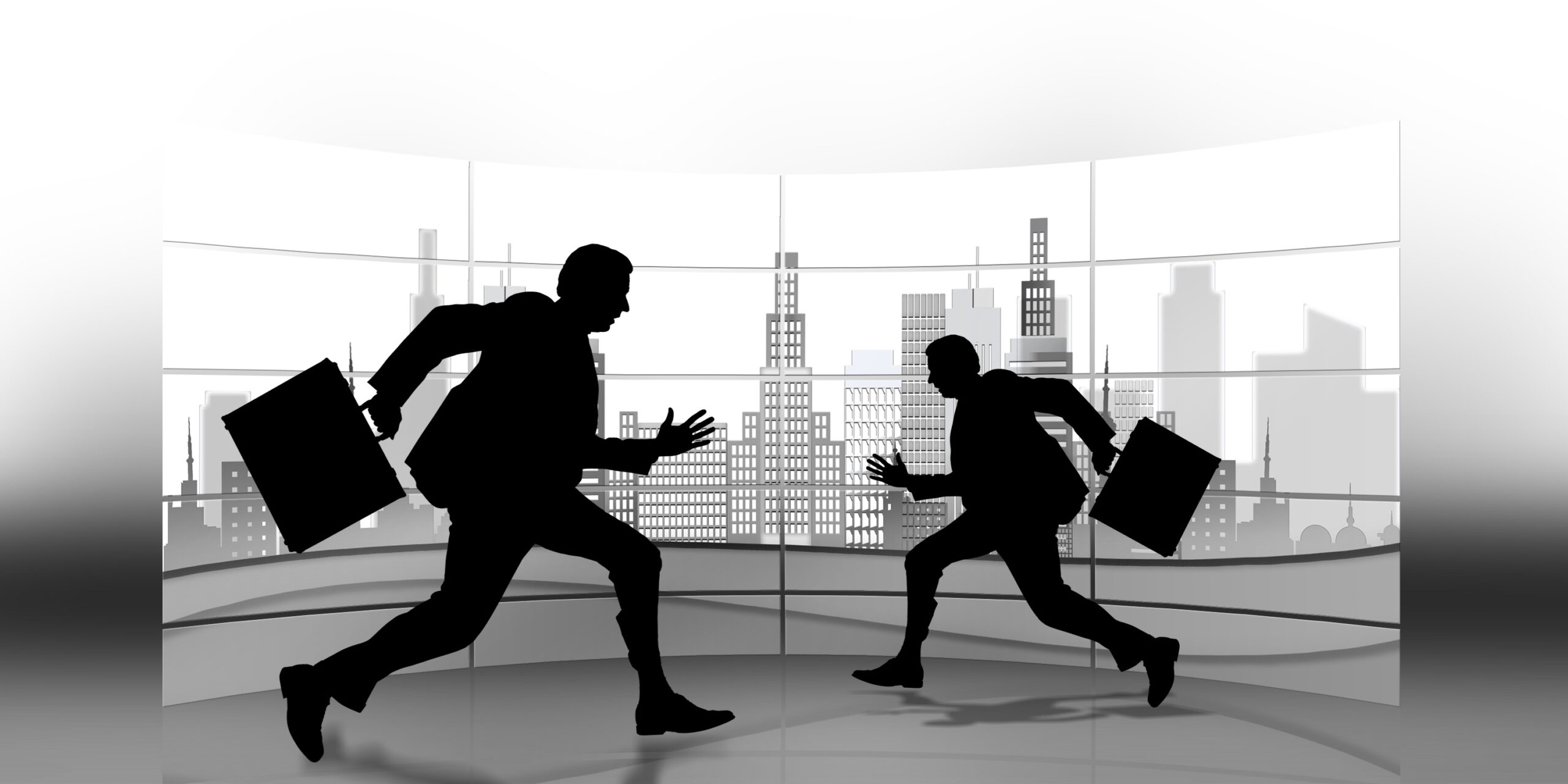 Silhouettes of businesspeople running with briefcases in a cityscape background.