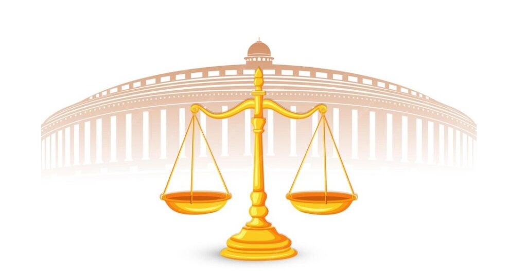 judicial "Illustration depicting judicial accountability in India, featuring a golden balance scale symbolizing justice in the foreground, with the Indian Parliament building in the background, representing the legislative framework."