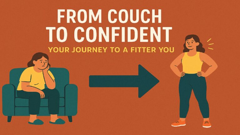 "From Couch to Confident Fitness Journey," showing a transformation from a person sitting dejectedly on a couch to the same person standing confidently with hands on hips. An arrow connects the two, symbolizing progress and personal growth through fitness. The vibrant orange background enhances the motivational theme."