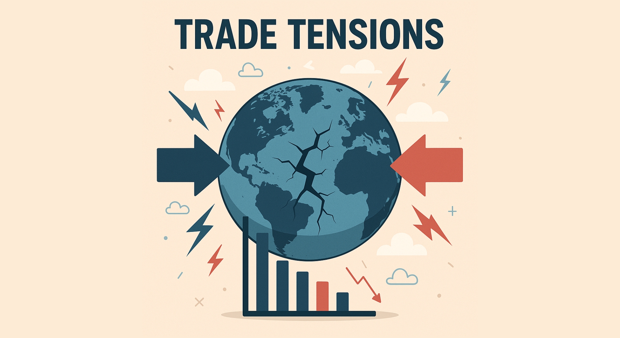 Illustration showing the globe cracking under pressure from opposing trade forces, symbolizing Global Tariff Wars: Impact on Indian Consumers, with economic decline depicted through a falling bar chart.