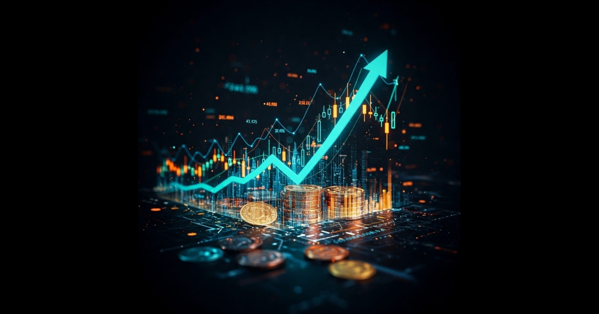 A digital illustration representing the stock market, featuring a glowing upward-trending graph, candlestick chart patterns, and stacks of coins, symbolizing financial growth, investment returns, and market psychology.
