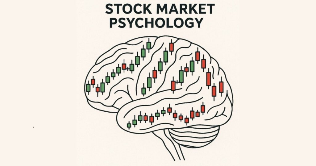 Stock Market Psychology and Human Behavior Illustration of a human brain with candlestick stock charts embedded in it, symbolizing the role of psychology in stock market decision-making.