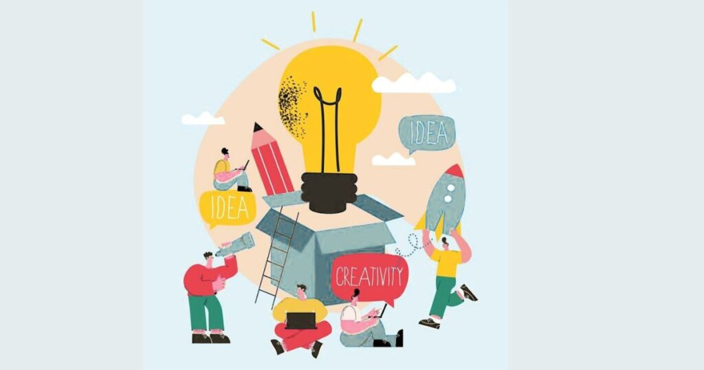 Zudio: Silently Revolutionizing the Fashion Industry Illustration of people working around a lightbulb, pencil, rocket, and box symbolizing creativity, ideas, and innovation—conceptualizing Zudio’s unique brand strategy.