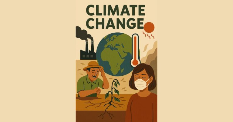 Illustration depicting the effects of climate change, including a sad farmer, a woman wearing a mask, a drying plant, industrial pollution, and a thermometer showing rising temperatures.