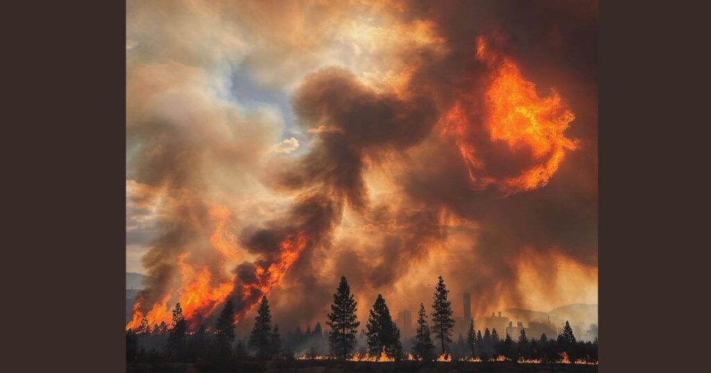 The Alarming Reality of Climate Change — And the Urgent Hope for Action A massive wildfire engulfing a forest with towering flames and dark smoke, symbolizing the destructive effects of climate change.