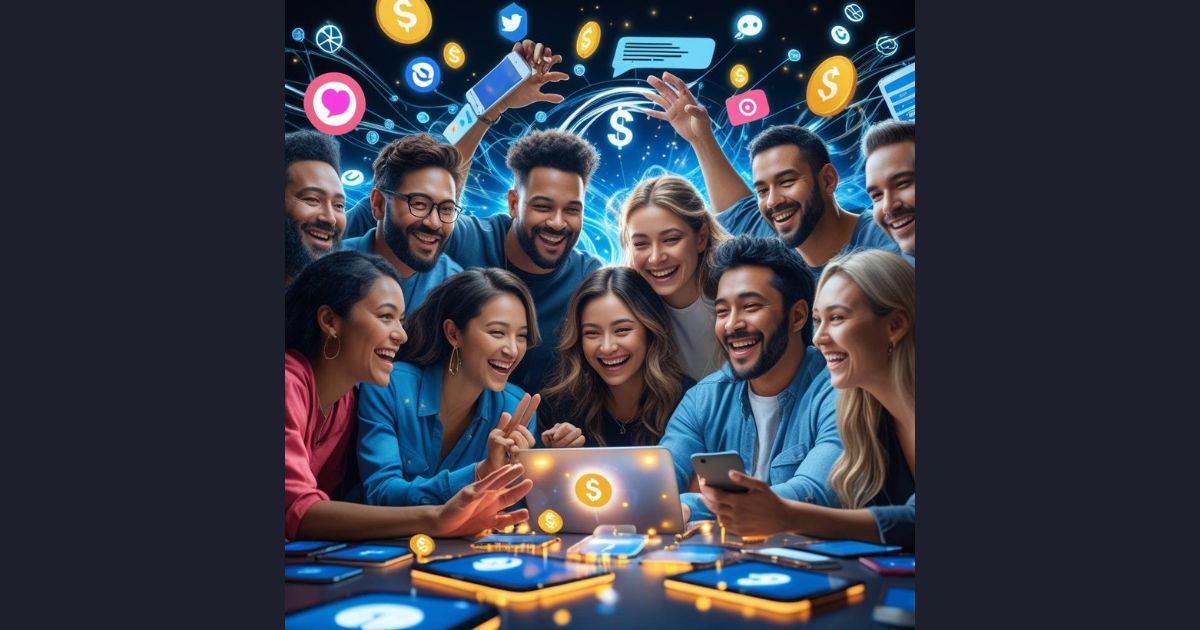 Content creators collaborating on a dynamic digital interface filled with media, graphs, and creative tools.